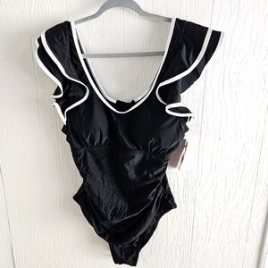 Charmo Black Ruffled Swimsuit with White Trim